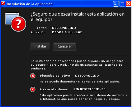 Pantalla inicial de la instalación del programa DEDOS-Editor
